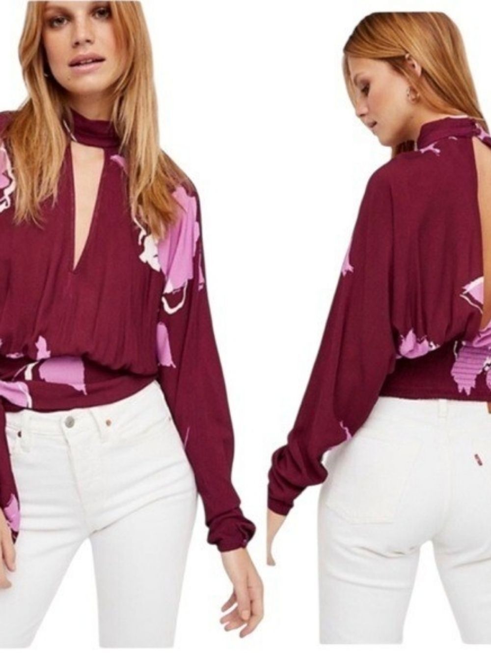 Free People Say You Love Me Floral Top Open Back Blouse Plum